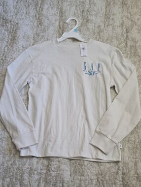 GAP Cream Long Sleeve Tee with Light Blue Logo